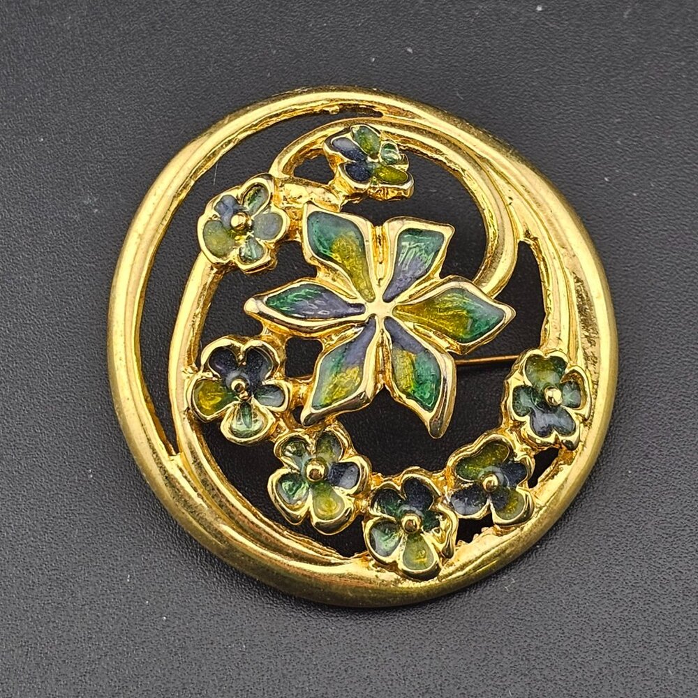Vintage Signed SC Green Enamel Flowers Gold Plated Brooch Pin 1 7/8"